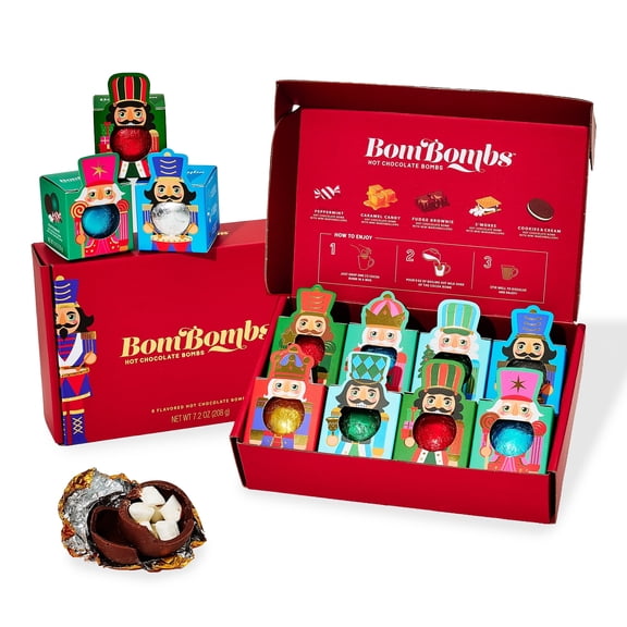 BomBombs Holiday Nutcracker Hot Chocolate Bomb Gift Set, Gift for Mom and Her, 8 Count, Marshmallow-Filled Chocolate Bombs and Holiday Cocoa Mix