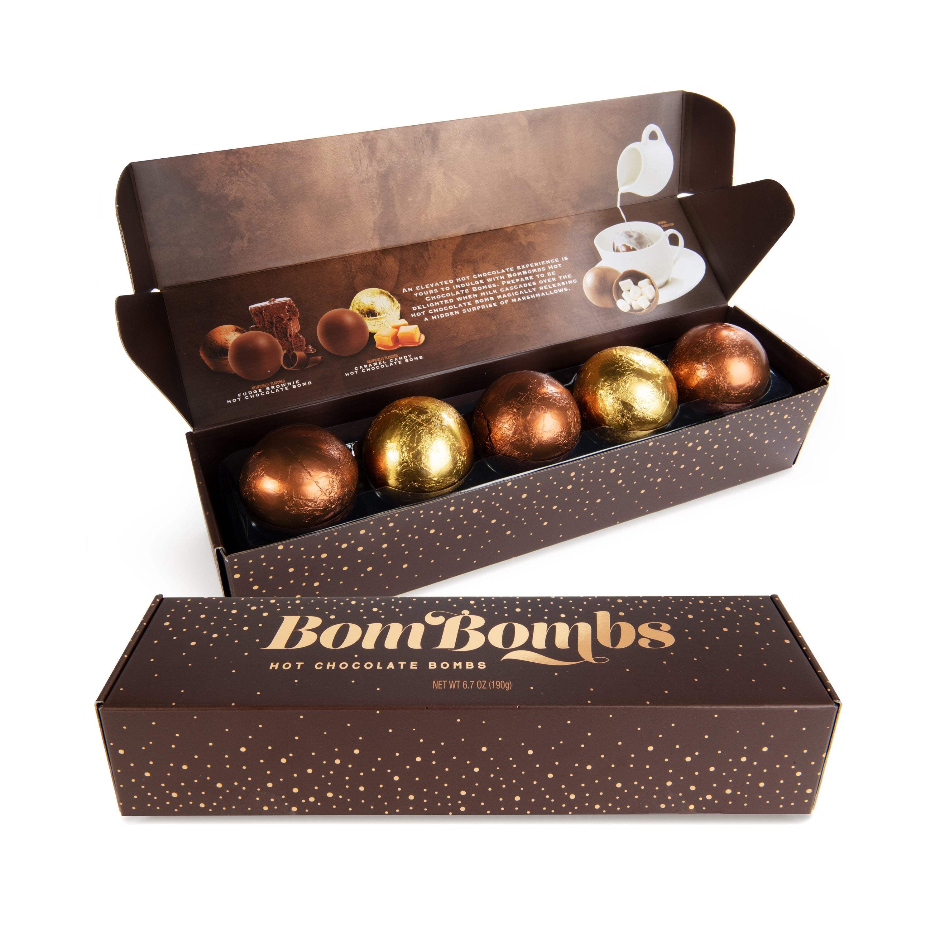 BomBombs, Hot Chocolate Bombs, Includes Fudge Brownie and Caramel Candy Cocoa Bombs Filled with Marshmallows, Pack of 5
