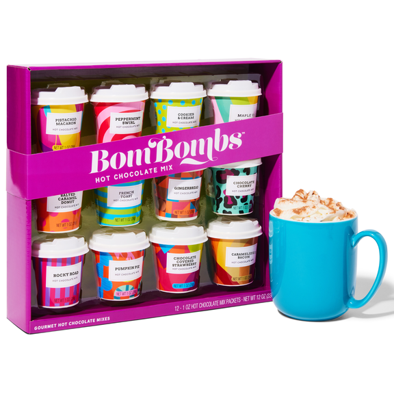 Thoughtfully Hot Chocolate Mix Gift Set, 12 Mini Cups with Rocky Road Double Chocolate, Chocolate Cherry & More Dessert Flavors, Assorted Color, 12 Count