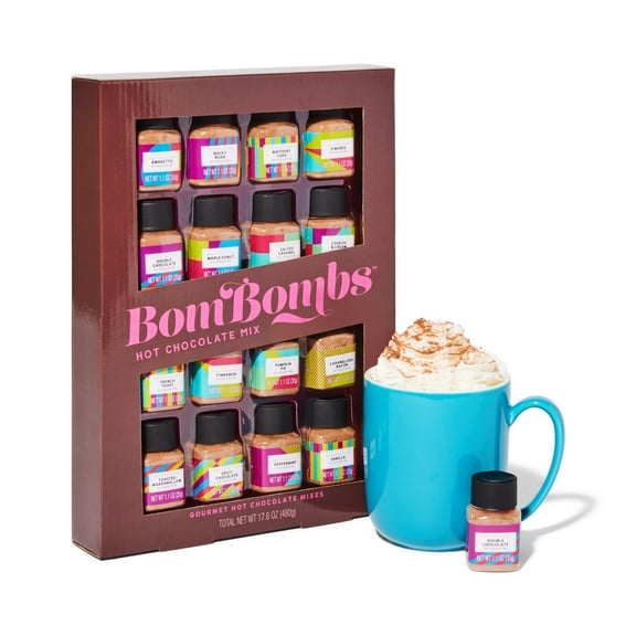 Thoughtfully Bombombs Hot Chocolate Mix Gift Set, Assorted Flavors Powdered Cocoa Drink Mix, 16 Sampler Bottles, Valentines Day Gifts