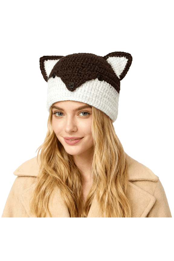 Fox Beanie Hat for Adults, Acrylic Crochet Animal Ear Winter Cap, Brown White