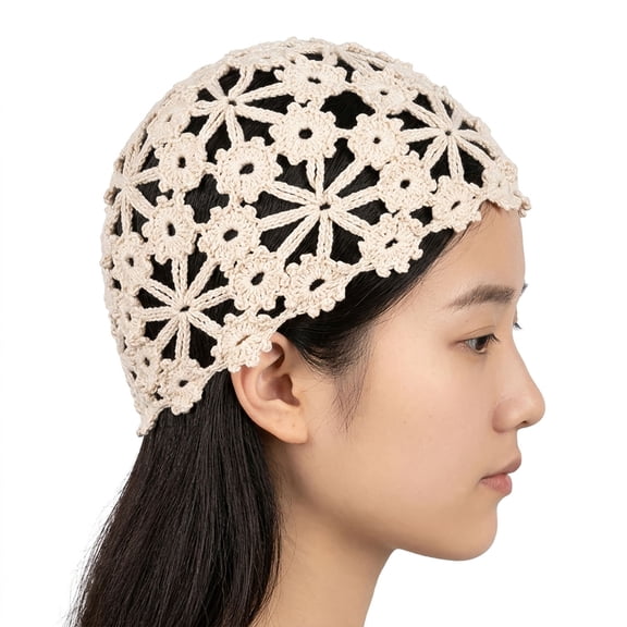 BomHCS Women Handmade Cotton Lace Crochet Beanie Hat, Vintage Boho Hollow Floral Skull Cap, Lightweight Breathable Summer Mesh Hats