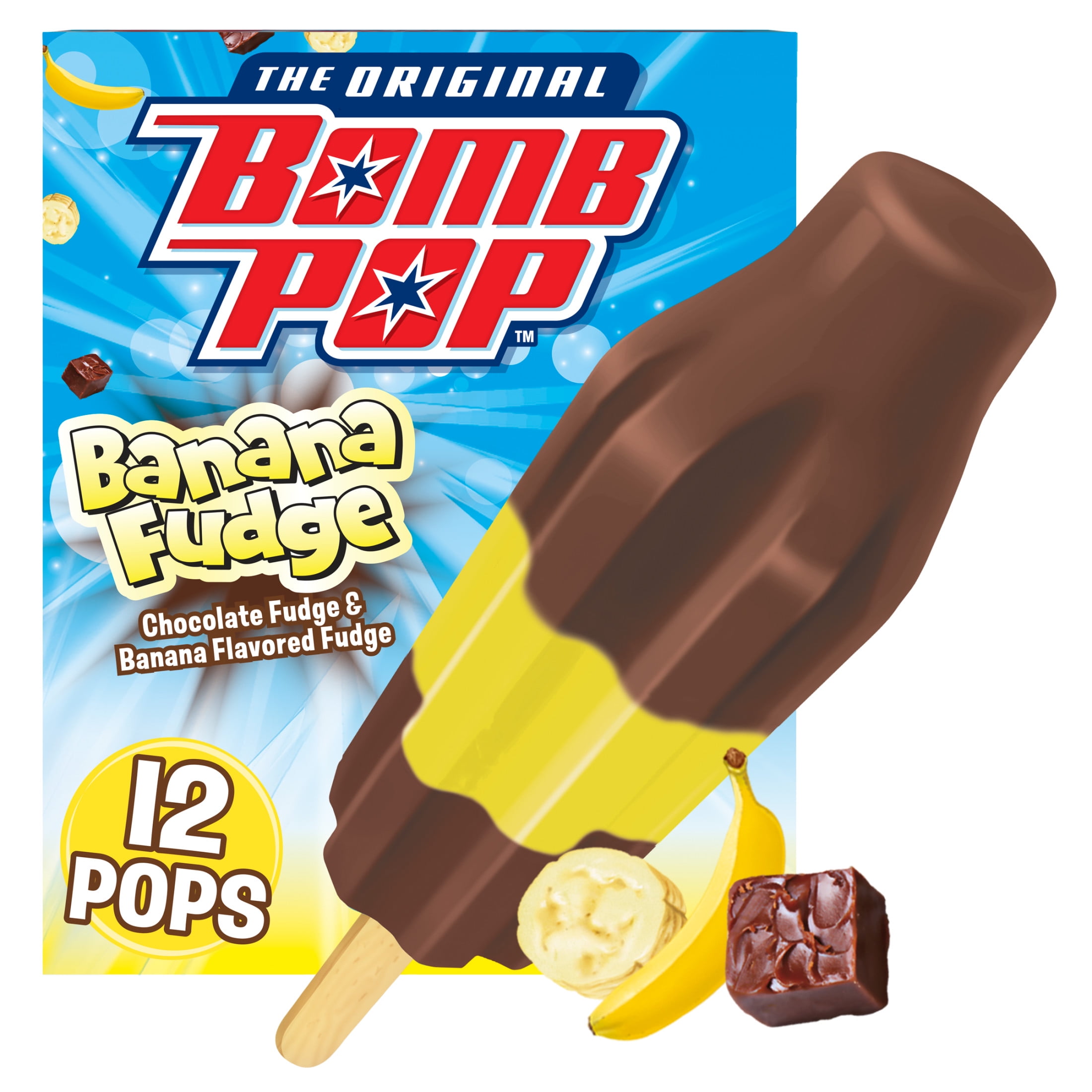 Bomb Pop Banana Fudge Freeze Ice Pop, Frozen Freezer Dessert, 12 Pack