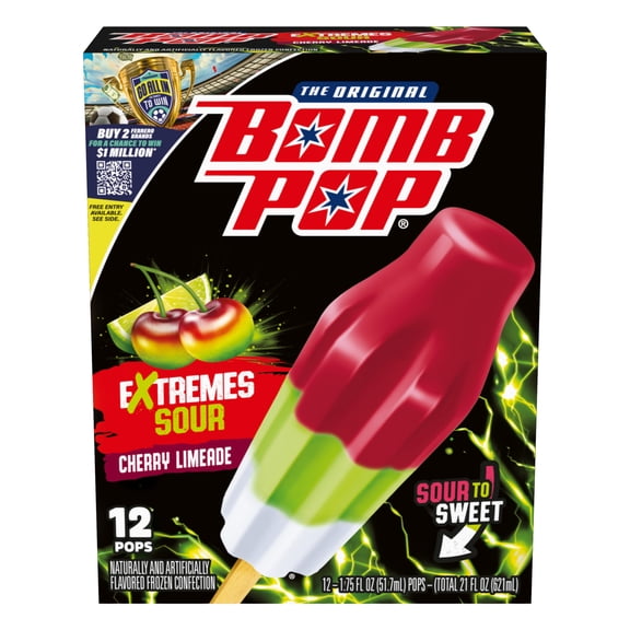 Bomb Pop Extremes Ice Pops Frozen Dessert, Super Sour Cherry Limeade, 12 Pack