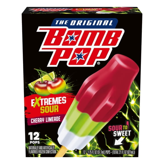 Bomb Pop Extremes Ice Pops Frozen Dessert, Super Sour Cherry Limeade, 12 Pack