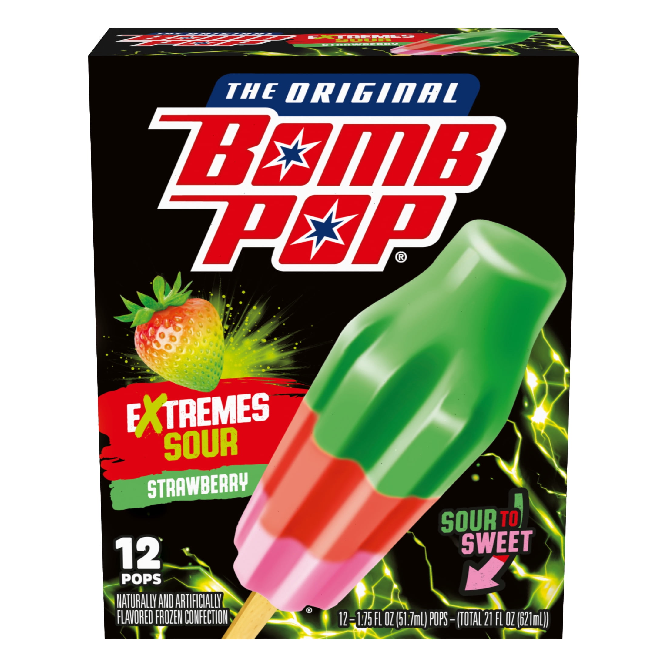 Bomb Pop Extremes Super Sour Strawberry Freeze Ice Pops, Frozen Freezer Dessert, 12 Pack