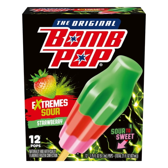 Bomb Pop Extremes Super Sour Strawberry Freeze Ice Pops, Frozen Freezer Dessert, 12 Pack