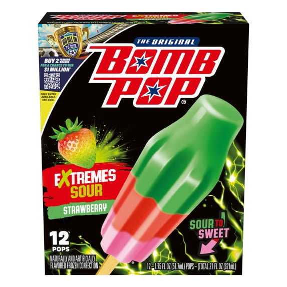 Bomb Pop Extremes Super Sour Strawberry Freeze Ice Pops, Frozen Freezer Dessert, 12 Pack