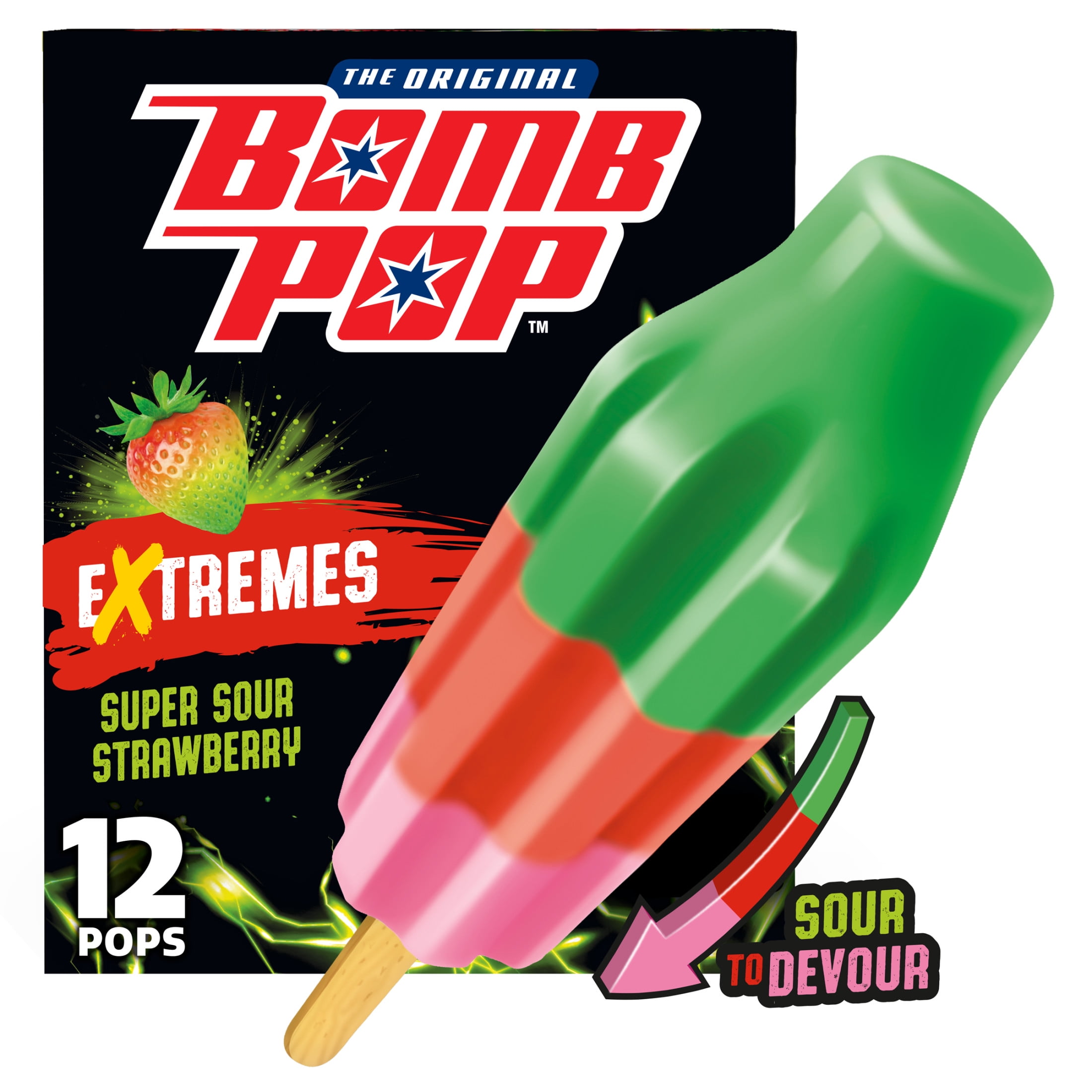 Bomb Pop Extremes Super Sour Strawberry Freeze Ice Pops, Frozen Freezer Dessert, 12 Pack