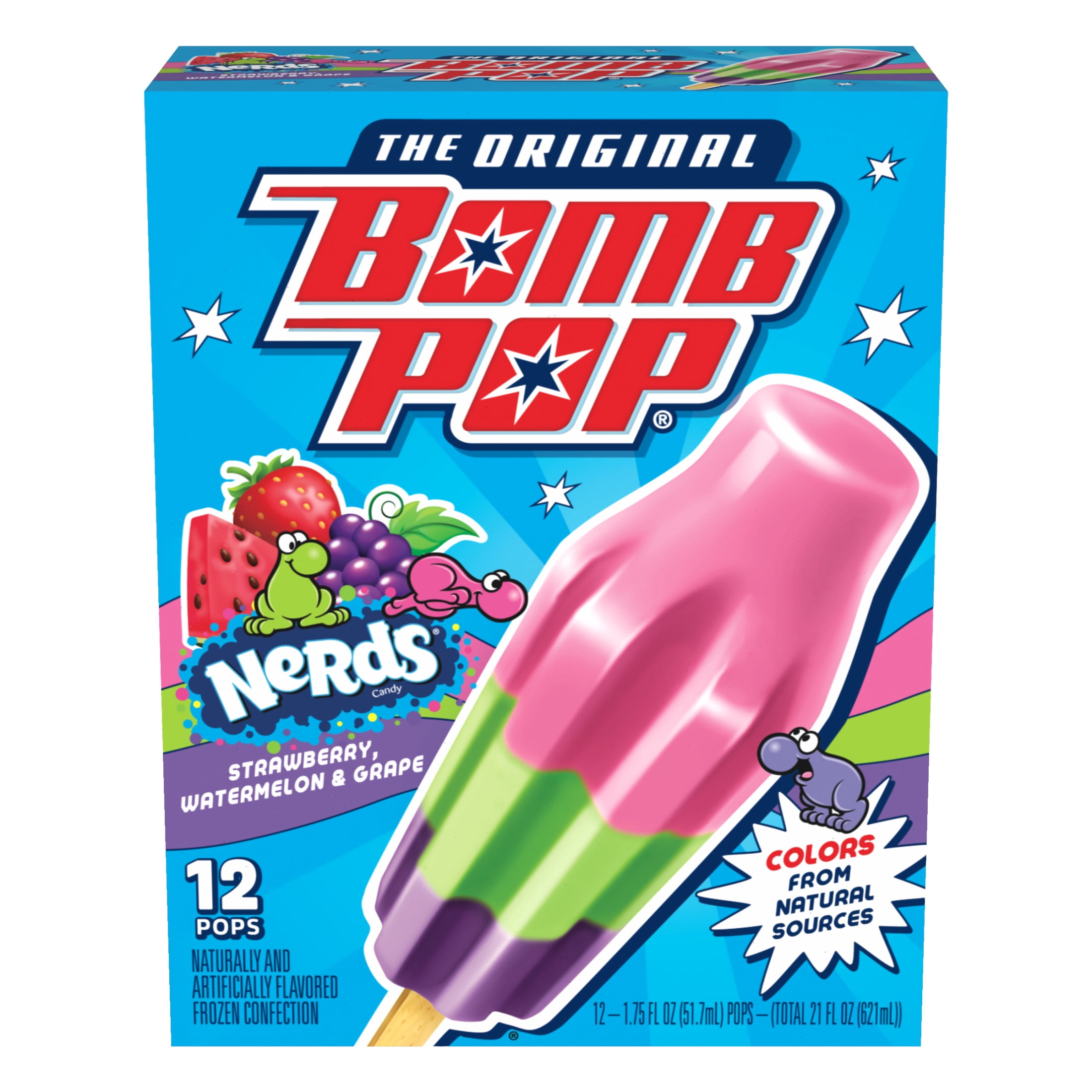 Bomb Pop NERDS Freeze Ice Pop, Frozen Freezer Dessert, 12 Pack