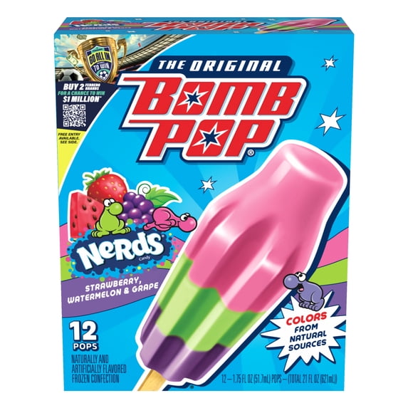 Bomb Pop NERDS Freeze Ice Pop, Frozen Freezer Dessert, 12 Pack