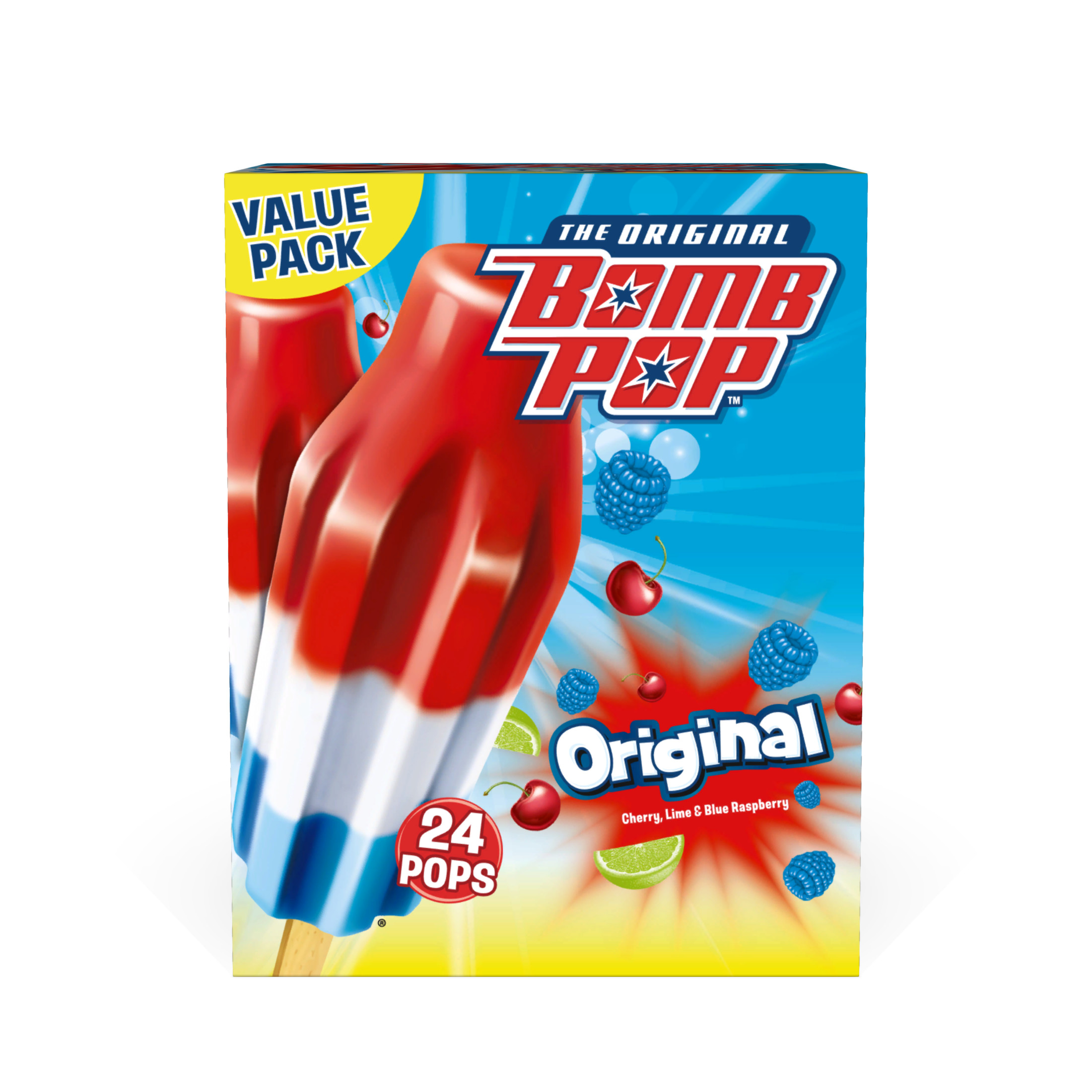 Bomb Pop Original Freeze Ice Pops, Frozen Freezer Dessert, 21 fl oz, 24 ...