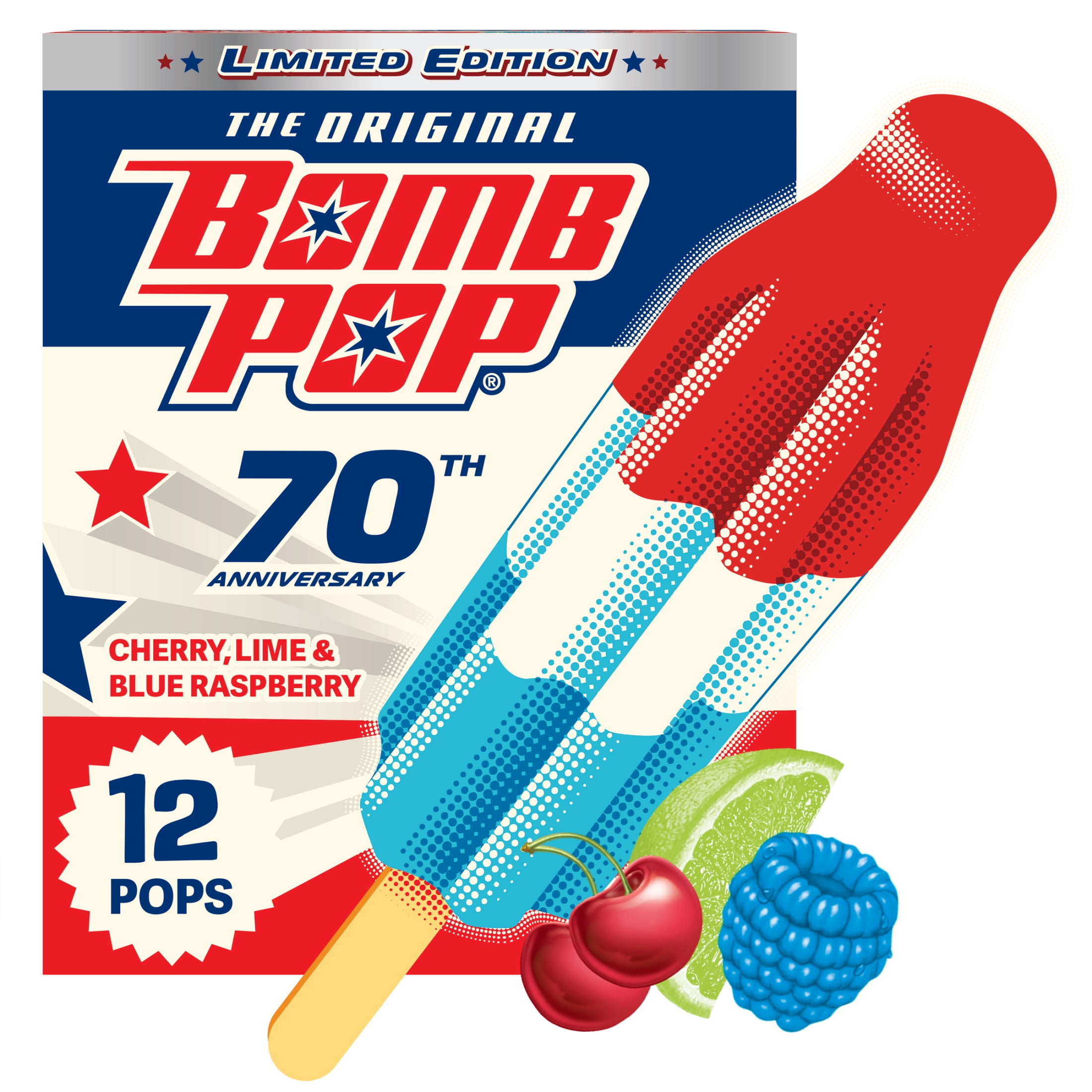 Bomb Pop Original Freeze Ice Pops, Frozen Dessert, Cherry, Lime, & Blue Raspberry, 12 Pack