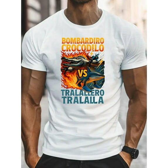 Bombardiro Crocodilo VS Tralalero Tralala Men's Graphic T-Shirt - Quirky Crocodile Meme Battle Design, Retro Cartoon Print, Black Round Neck Short Sleeve Tee for Summer Casual Wear, Humorous Clothing