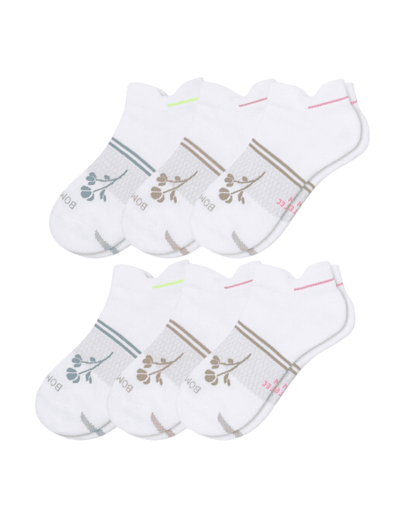 Womens Ankle Socks, White Floral Ankle Socks, 6 Pairs, Medium, Womens Size 7.5-11