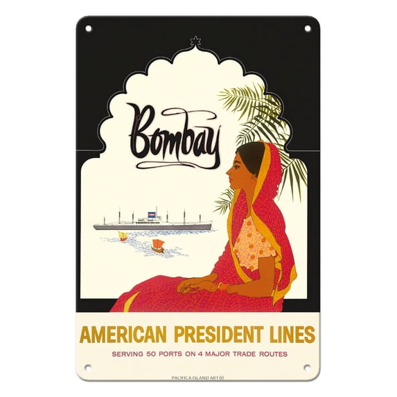 Bombay Mumbai India - Indian Woman in Red Sari - American President Lines - Vintage Ocean Liner Travel Poster c.1959 - 8 x 12 inch Vintage Metal Tin Sign