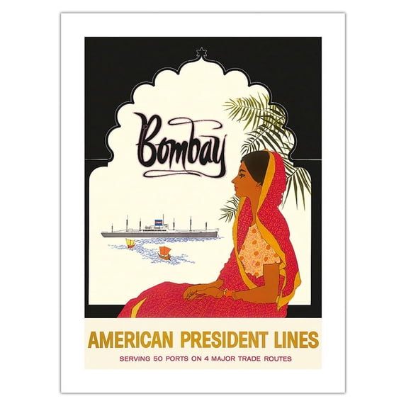 Bombay Mumbai India - Indian Woman in Red Sari - American President Lines - Vintage Ocean Liner Travel Poster c.1959 - Bamboo Fine Art 290gsm Paper Print (Unframed) 18x24in