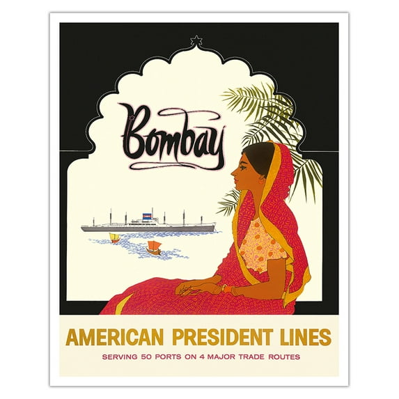 Bombay Mumbai India - Indian Woman in Red Sari - American President Lines - Vintage Ocean Liner Travel Poster c.1959 - Fine Art Matte Paper Print (Unframed) 16x20in