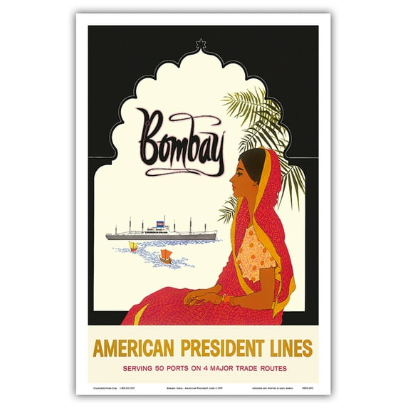 Bombay Mumbai India - Indian Woman in Red Sari - American President Lines - Vintage Ocean Liner Travel Poster c.1959 - Master Art Print (Unframed) 12in x 18in