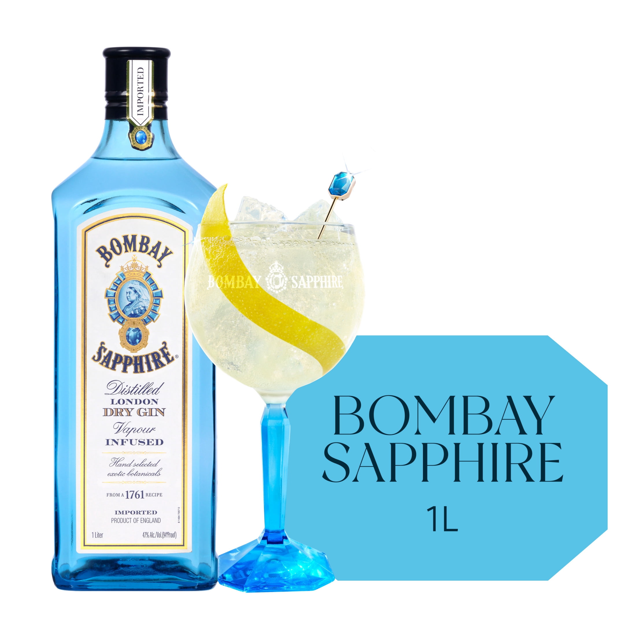 Bombay Sapphire Gin, 1 L Blue Bottle, ABV 47% - Walmart.com