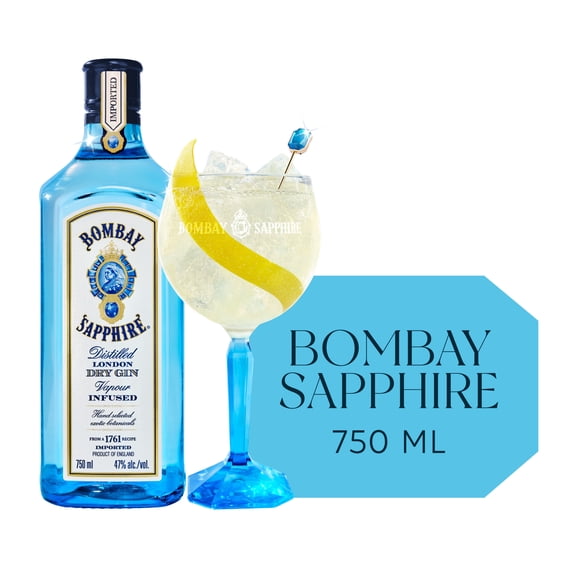 Bombay Sapphire Gin, 750 mL Blue Bottle, ABV 47%