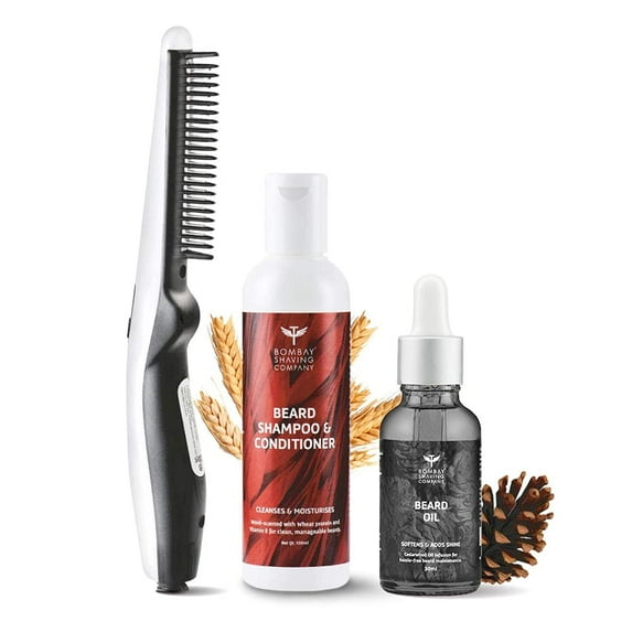 Bombay Shaving Company 3-in-1 Beard Straightener Kit With Cedarwood Beard Oil, Beard Shampoo & Conditioner & Anti-Burn Beard Straightener