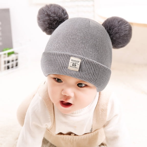 Bomber Hats AURORADY Kids Winter Pompom Hat Knitted Ski Hat Double Pom Cap for Girls Boys, Beanie Hat Grey