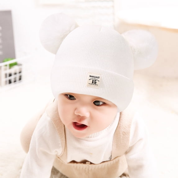 Bomber Hats AURORADY Kids Winter Pompom Hat Knitted Ski Hat Double Pom Cap for Girls Boys, Warm Chunky Soft Beanie White