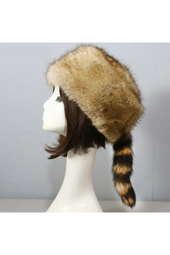 Bomber Hats AURORADY Women Hat Costume Coonskin Hat for Children Plush Light Brown Raccoon Tail Cap, Winter Warm Hat Khaki
