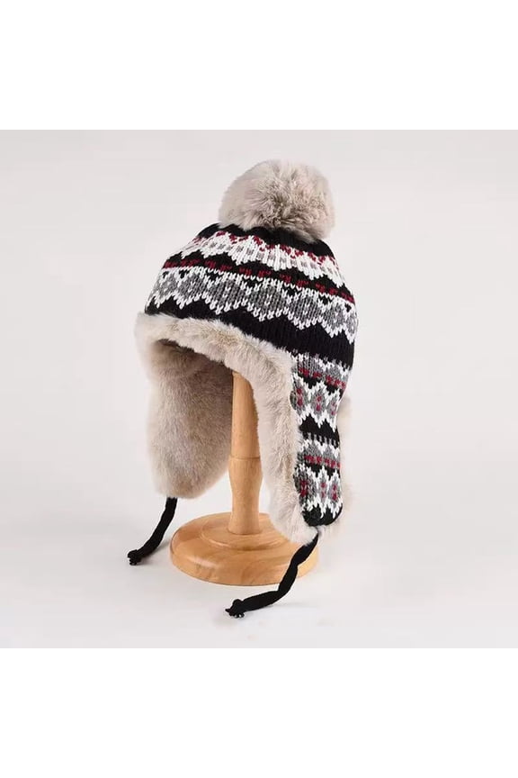 Bomber Hats AURORADY Women's Knitted Hat with Bobble Winter Hat Warm Windproof Thickened Ski Hat Double Layer Lined Beanie Hat, Knit Slouchy Beanie Black