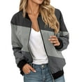 thumbnail image 1 of Bomber Jacket Coats for Women Color Block Zip Up Long Sleeve Stand Collar Windbreaker Fall Fashion Work Outerwear with Pockets, 1 of 5
