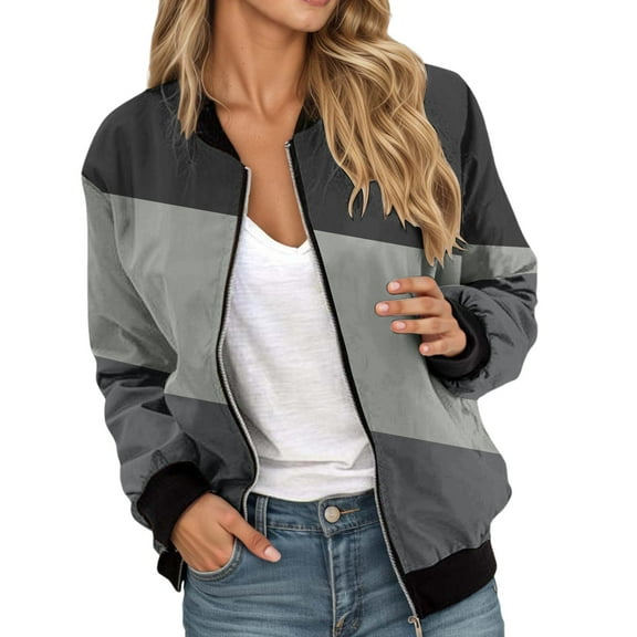 Bomber Jacket Coats for Women Color Block Zip Up Long Sleeve Stand Collar Windbreaker Fall Fashion Work Outerwear with Pockets