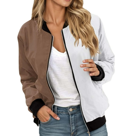 Bomber Jacket Coats for Women Color Block Zip Up Long Sleeve Stand Collar Windbreaker Fall Fashion Work Outerwear with Pockets