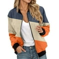 thumbnail image 1 of Bomber Jacket Coats for Women Color Block Zip Up Long Sleeve Stand Collar Windbreaker Fall Fashion Work Outerwear with Pockets, 1 of 5