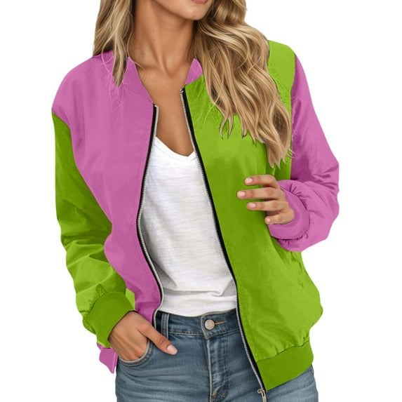 Bomber Jacket Coats for Women Color Block Zip Up Long Sleeve Stand Collar Windbreaker Fall Fashion Work Outerwear with Pockets