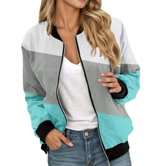 Bomber Jacket Coats for Women Color Block Zip Up Long Sleeve Stand Collar Windbreaker Fall Fashion Work Outerwear with Pockets