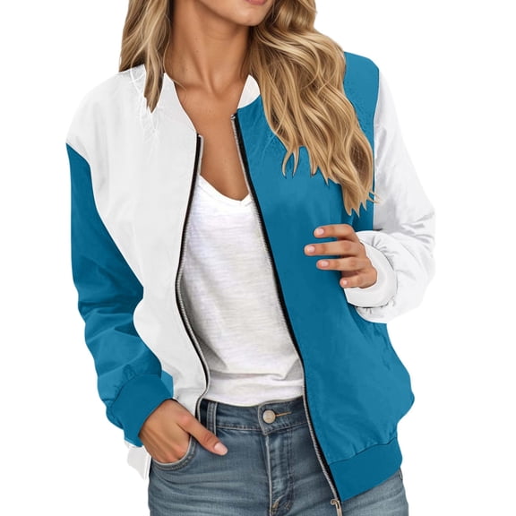 Bomber Jacket Coats for Women Color Block Zip Up Long Sleeve Stand Collar Windbreaker Fall Fashion Work Outerwear with Pockets