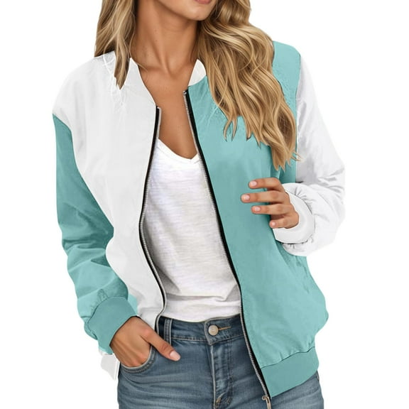 Bomber Jacket Coats for Women Color Block Zip Up Long Sleeve Stand Collar Windbreaker Fall Fashion Work Outerwear with Pockets