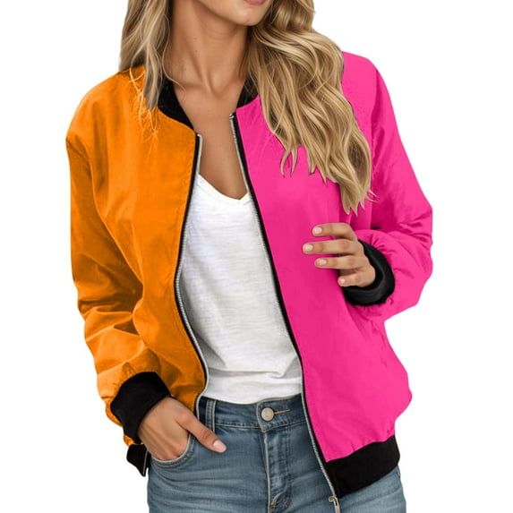 Bomber Jacket Coats for Women Color Block Zip Up Long Sleeve Stand Collar Windbreaker Fall Fashion Work Outerwear with Pockets