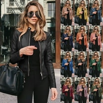 Bomber Jacket Faux Leather Motorcycle Jacket for Women 2023 Plus Size Casual Coats Vintage Biker Jackets Long Sleeves Cropped Coats Y2k Jacket Fall Jacket