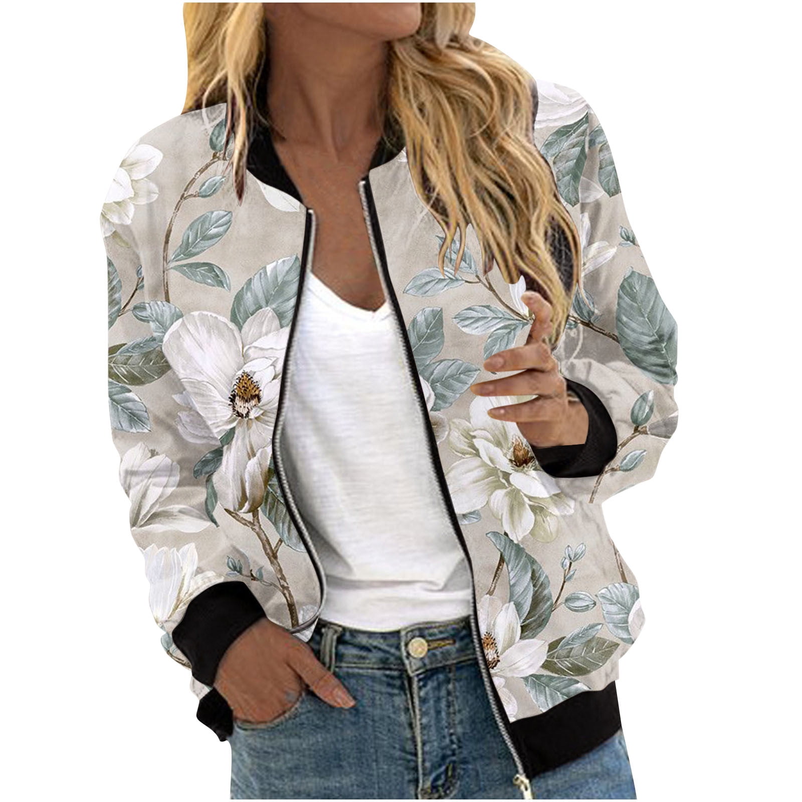 Bomber Jacket Floral Long Sleeve Zip Up Jackets for Women