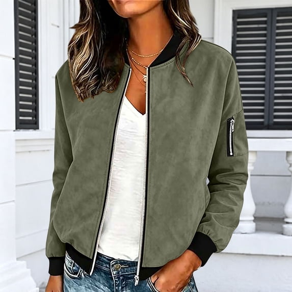 Bomber Jacket For Women Lightweight Zip Up Casual Long Sleeve Cropped Coat Streetwear