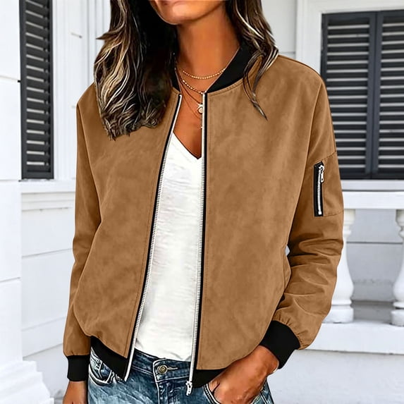 Bomber Jacket For Women Lightweight Zip Up Casual Long Sleeve Cropped Coat Streetwear