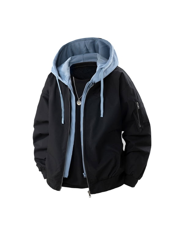 Bomber Jacket Men Sevevn Mens Fake Two Pieces Windbreaker Spring and Fall Vibrant Color Block Coat Lightweight Jacket with Hood