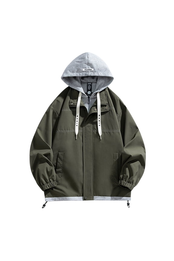 Bomber Jacket Men Sevevn Mens Fake Two Pieces Windbreaker Spring and Fall Vibrant Color Block Coat Lightweight Jacket with Hood