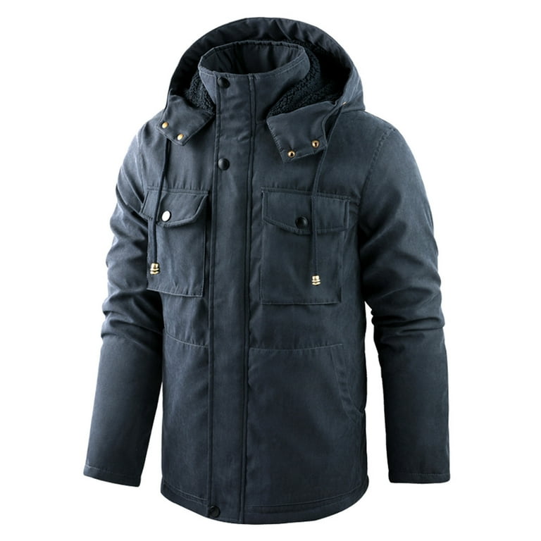 Bomber Jacket Men Solid Color Plus Size Long Sleeve Button Front Closure Casual Hooded with Drawstring Mens Winter Jacket Dark Blue XL Walmart
