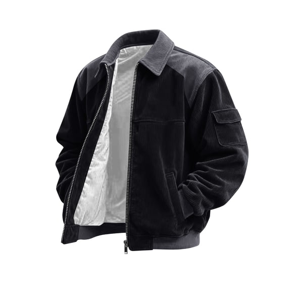 Bomber Jacket Men Zip Up Lightweight Corduroy Jackets Casual Stylish Fall Winter Coats Windbreaker Clothing with Pockets Black 3XL