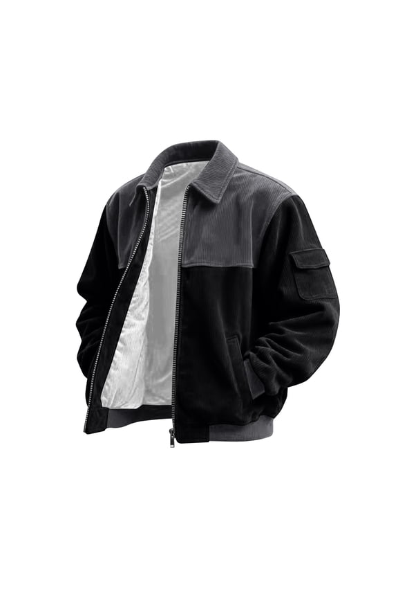 Bomber Jacket Men Zip Up Lightweight Corduroy Jackets Casual Stylish Fall Winter Coats Windbreaker Clothing with Pockets Black M