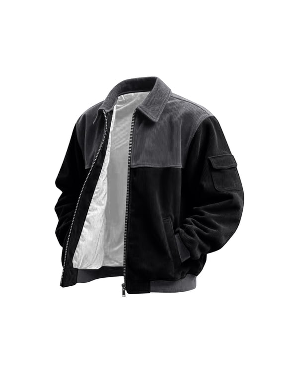 Corduroy Shirt Men Casual Zip Up Flannel Shirt Shackets Long Sleeve Collared Vintage Jackets with Pockets Black XL
