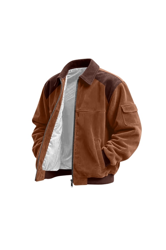 Bomber Jacket Men Zip Up Lightweight Corduroy Jackets Casual Stylish Fall Winter Coats Windbreaker Clothing with Pockets Brown M